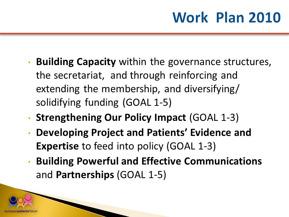 Building Capacity within the governance structures, the secretariat, and through reinforcing and extending the membership, and diversifying/ solidifying funding (GOAL 1-5) Strengthening Our Policy Impact (GOAL 1-3) Developing Project and Patients’ Evidence and Expertise to feed into policy (GOAL 1-3) Building Powerful and Effective Communications and Partnerships (GOAL 1-5)