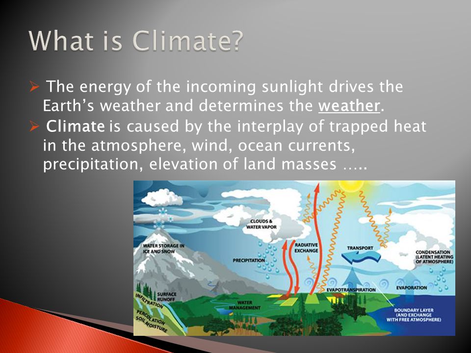  The energy of the incoming sunlight drives the Earth’s weather and determines the weather.