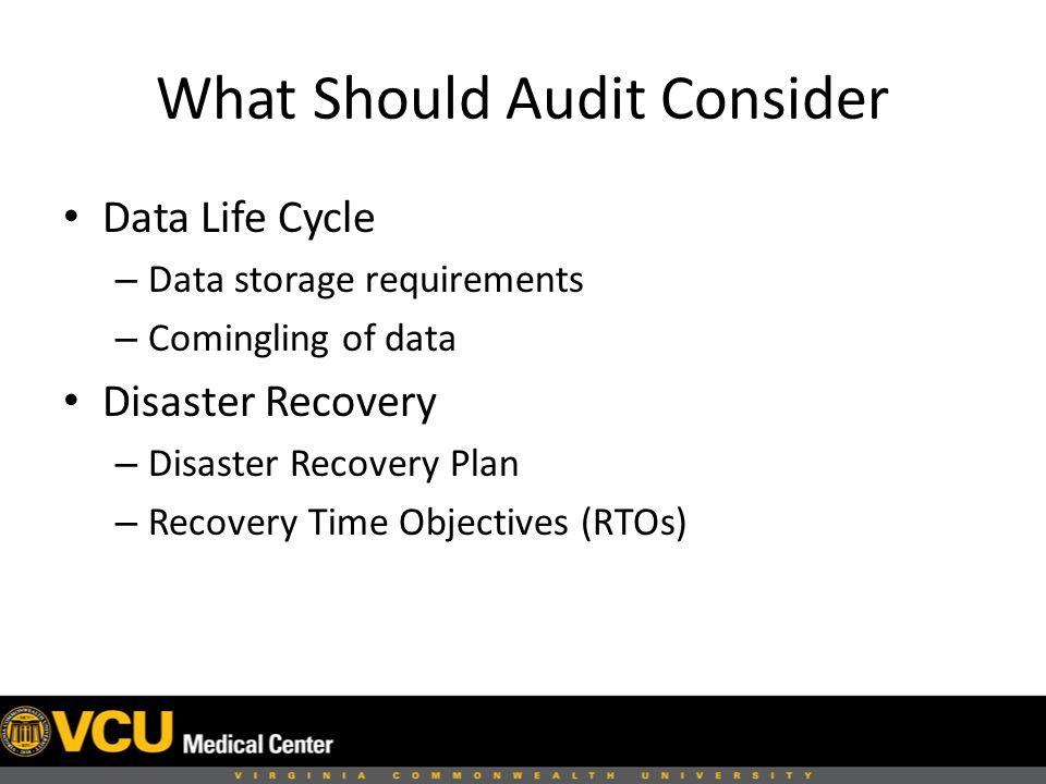 What Should Audit Consider Data Life Cycle – Data storage requirements – Comingling of data Disaster Recovery – Disaster Recovery Plan – Recovery Time Objectives (RTOs)