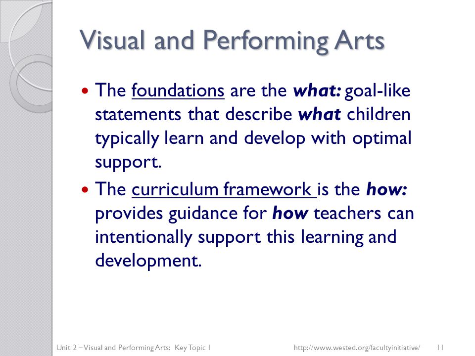 Visual and Performing Arts The foundations are the what: goal-like statements that describe what children typically learn and develop with optimal support.
