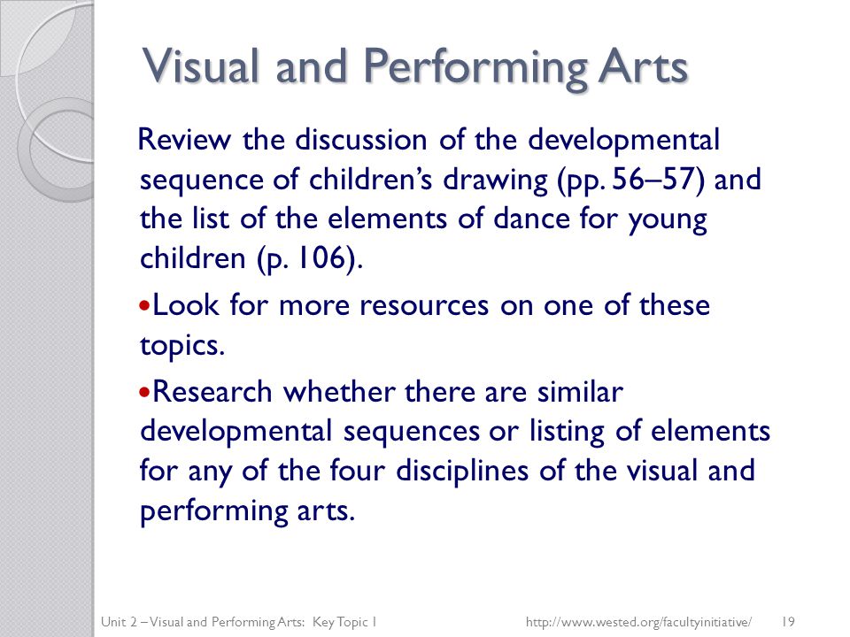 Visual and Performing Arts Review the discussion of the developmental sequence of children’s drawing (pp.