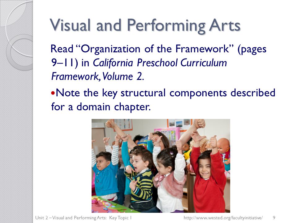 Visual and Performing Arts Read Organization of the Framework (pages 9–11) in California Preschool Curriculum Framework, Volume 2.