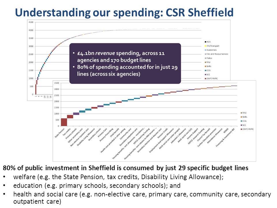 Understanding our spending: CSR Sheffield 80% of public investment in Sheffield is consumed by just 29 specific budget lines welfare (e.g.