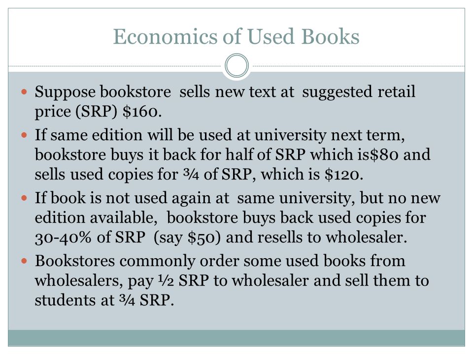 Economics of Used Books Suppose bookstore sells new text at suggested retail price (SRP) $160.