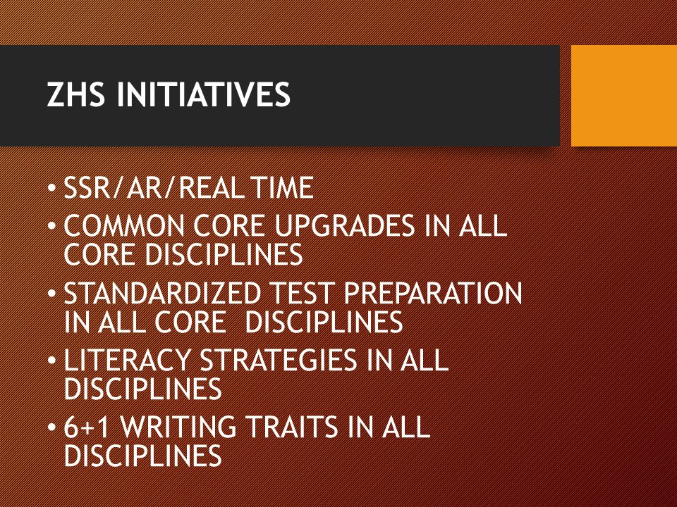 ZHS INITIATIVES SSR/AR/REAL TIME COMMON CORE UPGRADES IN ALL CORE DISCIPLINES STANDARDIZED TEST PREPARATION IN ALL CORE DISCIPLINES LITERACY STRATEGIES IN ALL DISCIPLINES 6+1 WRITING TRAITS IN ALL DISCIPLINES