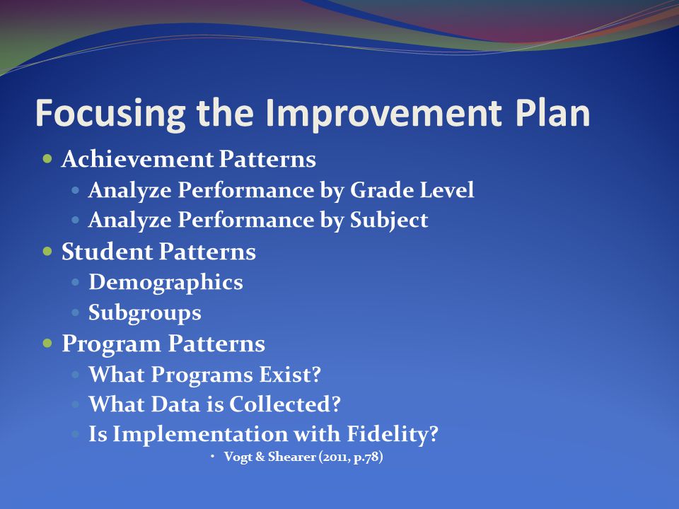 Focusing the Improvement Plan Achievement Patterns Analyze Performance by Grade Level Analyze Performance by Subject Student Patterns Demographics Subgroups Program Patterns What Programs Exist.