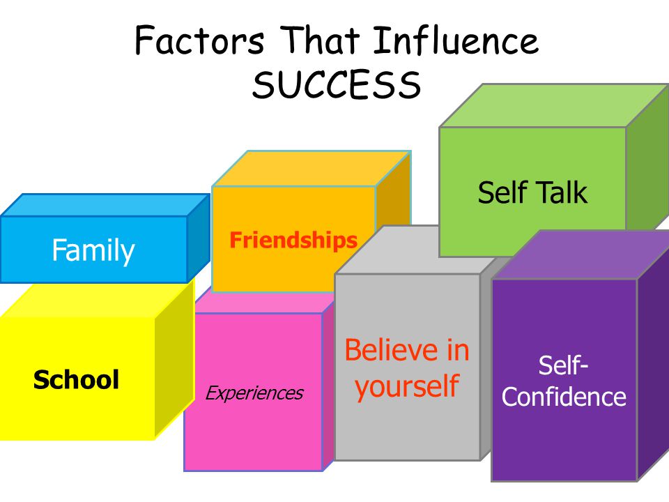 Factors That Influence SUCCESS Experiences School Friendships Believe in yourself Family Self Talk Self- Confidence