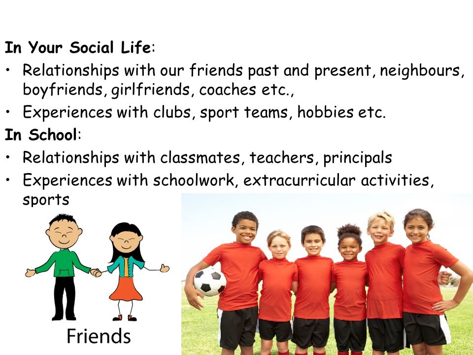 In Your Social Life: Relationships with our friends past and present, neighbours, boyfriends, girlfriends, coaches etc., Experiences with clubs, sport teams, hobbies etc.