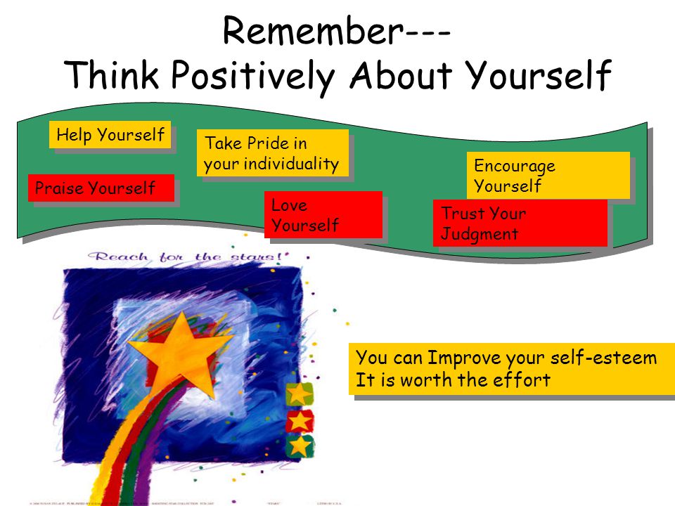 Remember--- Think Positively About Yourself Help Yourself Take Pride in your individuality Praise Yourself Encourage Yourself Trust Your Judgment Love Yourself You can Improve your self-esteem It is worth the effort You can Improve your self-esteem It is worth the effort