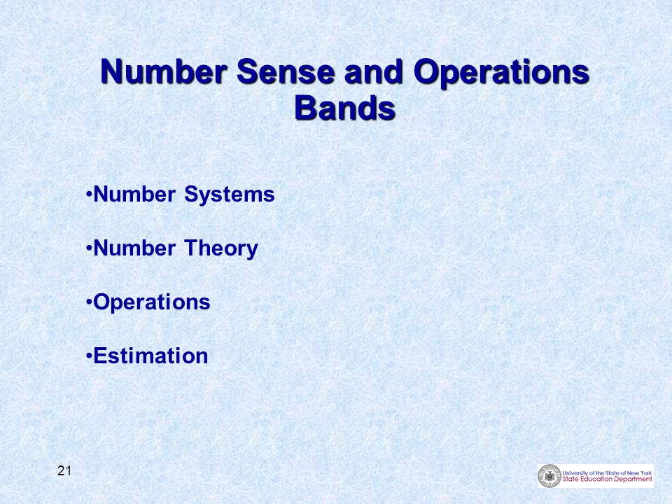 21 Number Sense and Operations Bands Number Systems Number Theory Operations Estimation