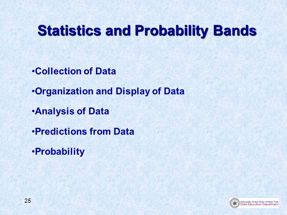25 Statistics and Probability Bands Collection of Data Organization and Display of Data Analysis of Data Predictions from Data Probability