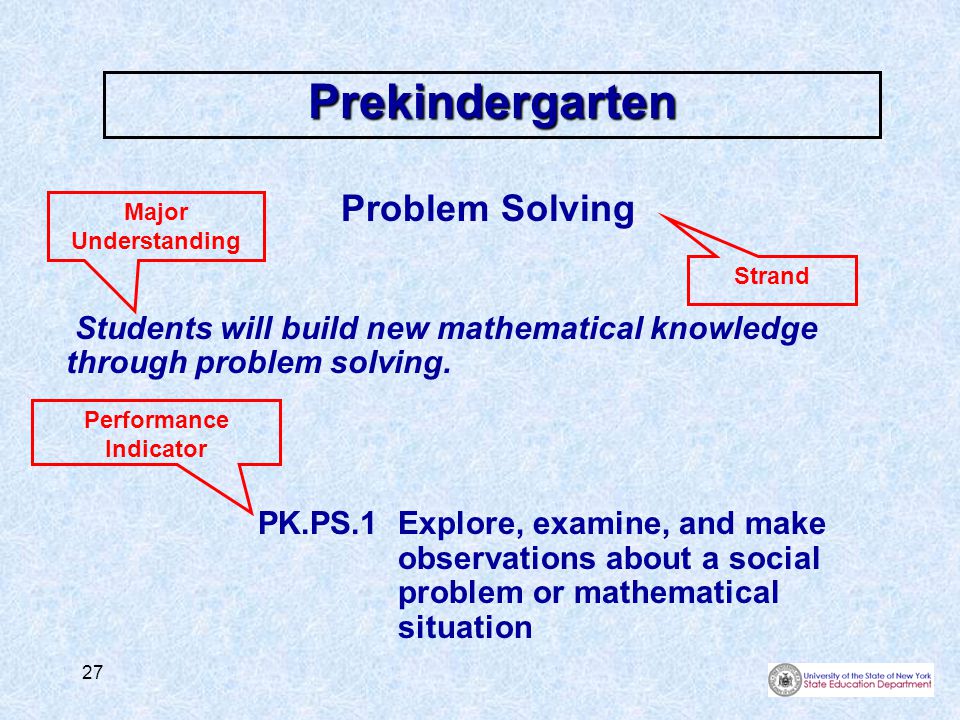 27 Prekindergarten Problem Solving Students will build new mathematical knowledge through problem solving.