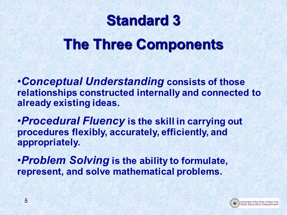 5 Standard 3 The Three Components Conceptual Understanding consists of those relationships constructed internally and connected to already existing ideas.