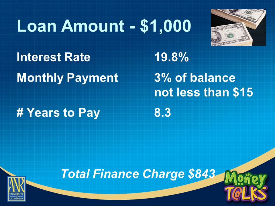 Loan Amount - $1,000 Interest Rate19.8% Monthly Payment3% of balance not less than $15 # Years to Pay8.3 Total Finance Charge $843