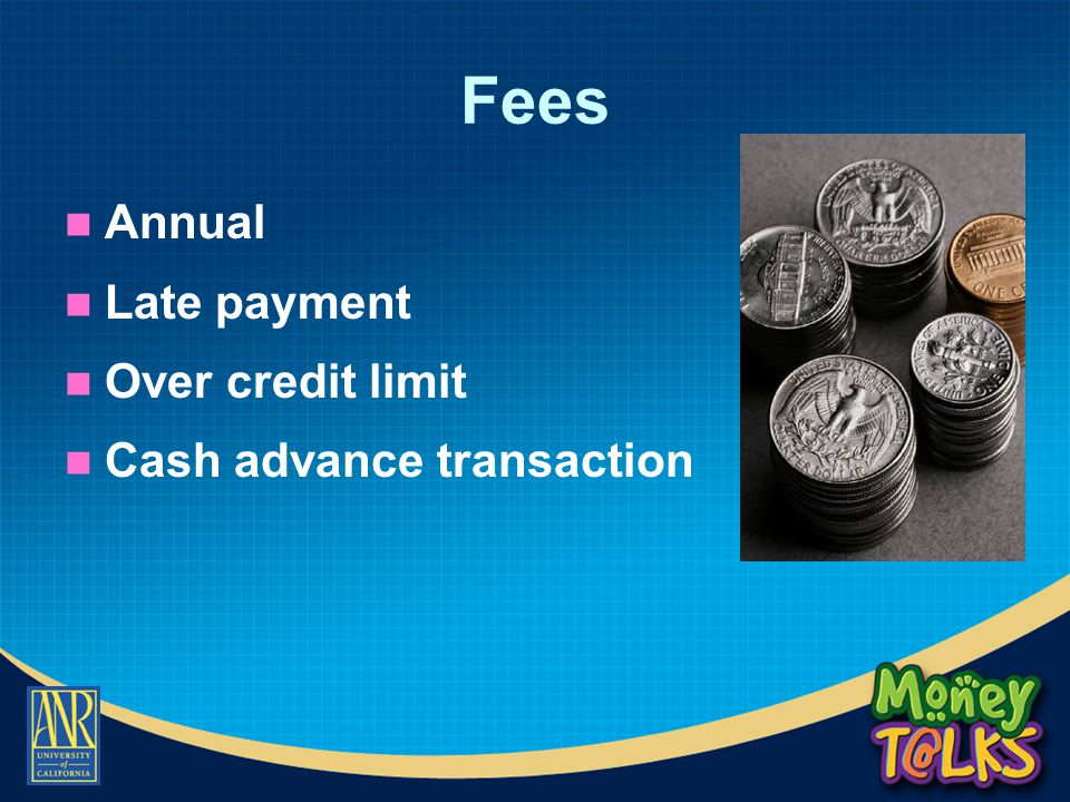 Fees Annual Late payment Over credit limit Cash advance transaction