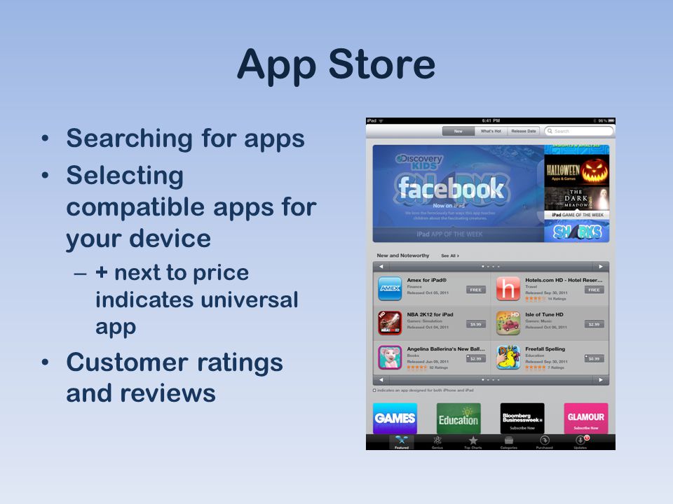 App Store Searching for apps Selecting compatible apps for your device – + next to price indicates universal app Customer ratings and reviews