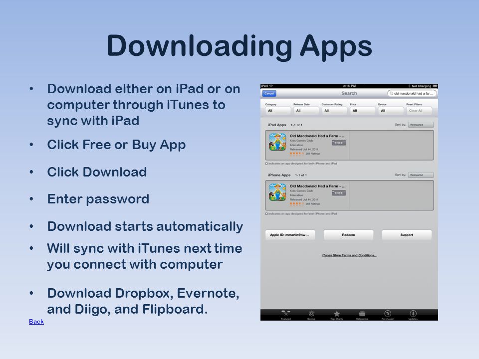 Downloading Apps Download either on iPad or on computer through iTunes to sync with iPad Click Free or Buy App Click Download Enter password Download starts automatically Will sync with iTunes next time you connect with computer Download Dropbox, Evernote, and Diigo, and Flipboard.