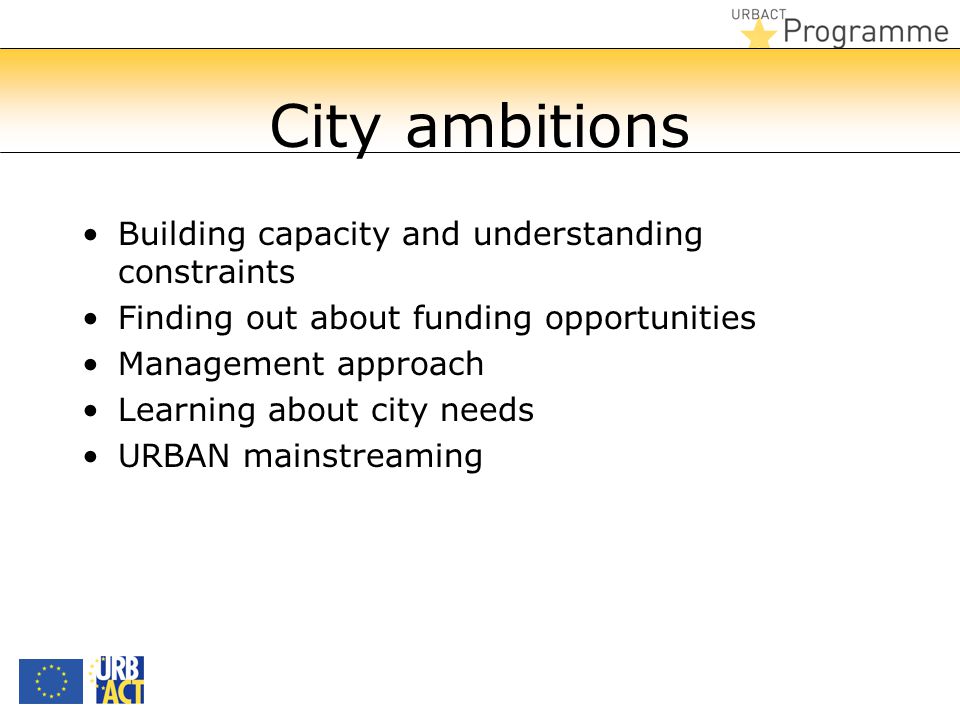 City ambitions Building capacity and understanding constraints Finding out about funding opportunities Management approach Learning about city needs URBAN mainstreaming