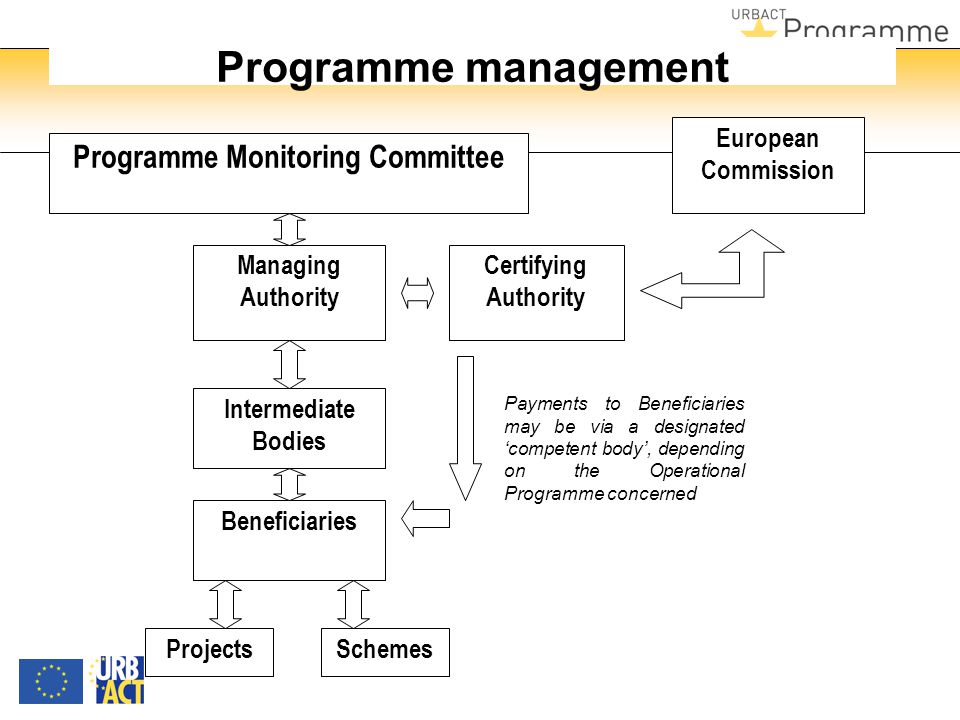 Managing Authority Certifying Authority Intermediate Bodies Beneficiaries Programme Monitoring Committee ProjectsSchemes European Commission Payments to Beneficiaries may be via a designated ‘competent body’, depending on the Operational Programme concerned Programme management