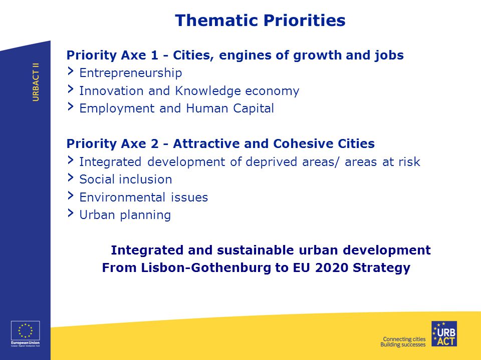 Priority Axe 1 - Cities, engines of growth and jobs › Entrepreneurship › Innovation and Knowledge economy › Employment and Human Capital Priority Axe 2 - Attractive and Cohesive Cities › Integrated development of deprived areas/ areas at risk › Social inclusion › Environmental issues › Urban planning Integrated and sustainable urban development From Lisbon-Gothenburg to EU 2020 Strategy Thematic Priorities