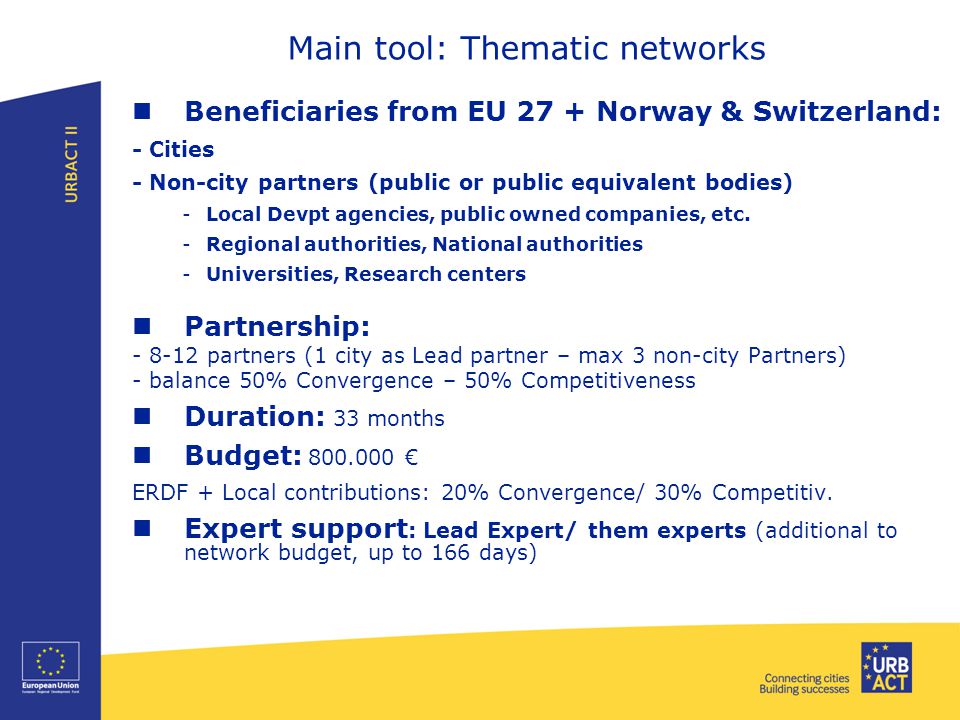 Beneficiaries from EU 27 + Norway & Switzerland: - Cities - Non-city partners (public or public equivalent bodies) -Local Devpt agencies, public owned companies, etc.
