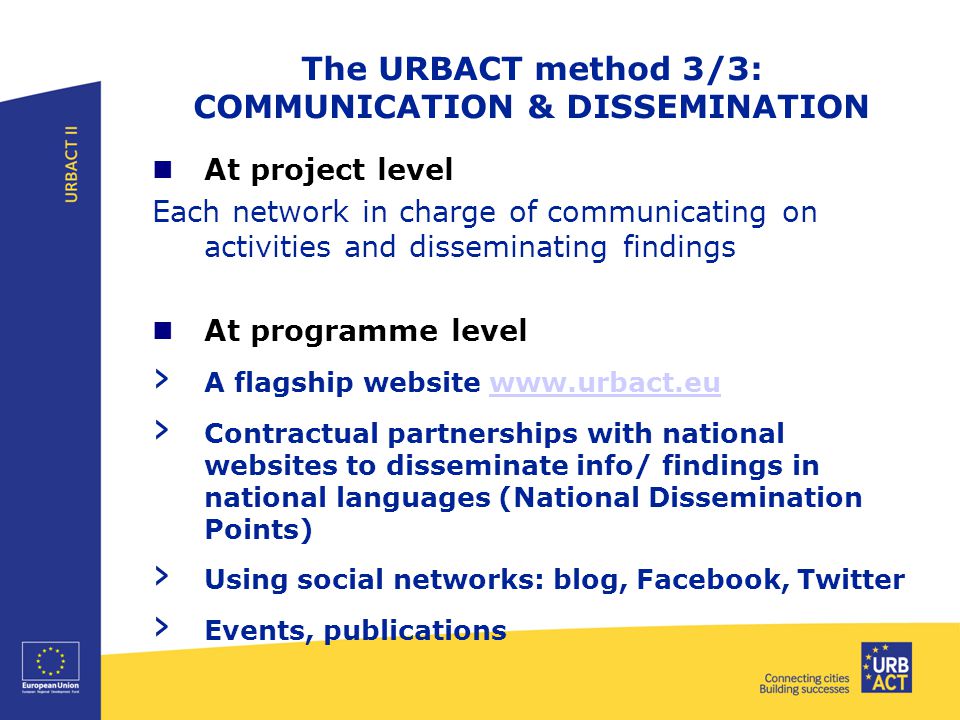 The URBACT method 3/3: COMMUNICATION & DISSEMINATION At project level Each network in charge of communicating on activities and disseminating findings At programme level › A flagship website   › Contractual partnerships with national websites to disseminate info/ findings in national languages (National Dissemination Points) › Using social networks: blog, Facebook, Twitter › Events, publications