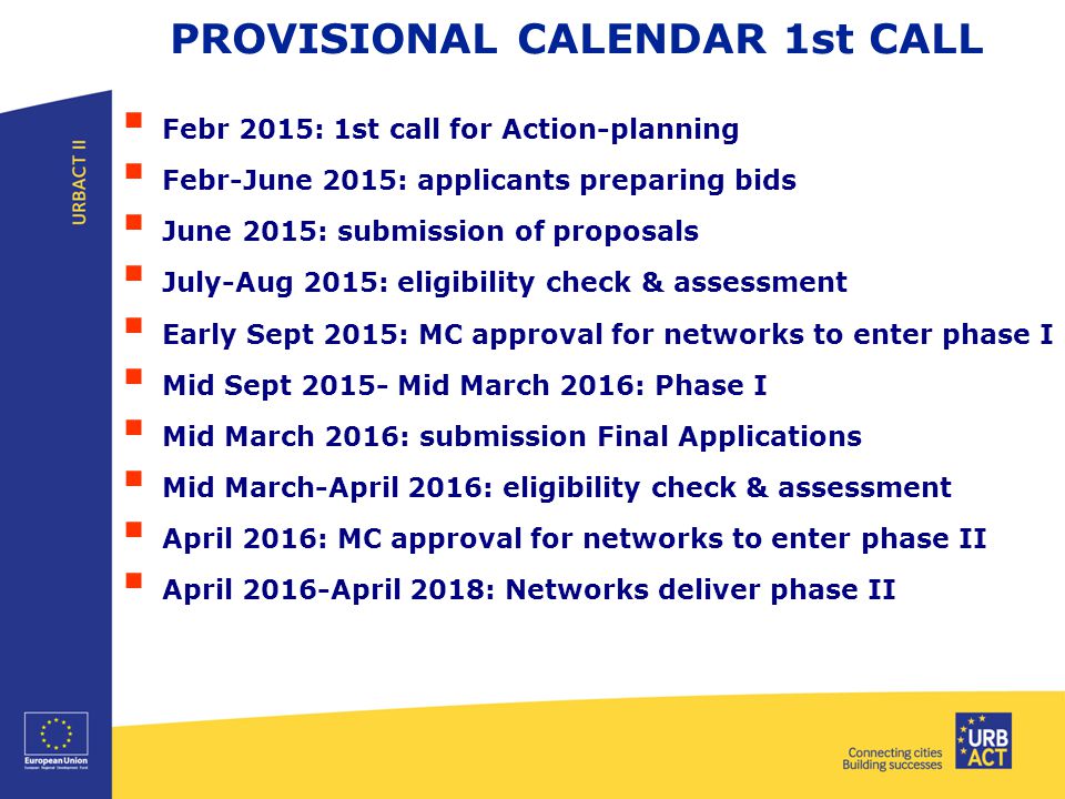 PROVISIONAL CALENDAR 1st CALL  Febr 2015: 1st call for Action-planning  Febr-June 2015: applicants preparing bids  June 2015: submission of proposals  July-Aug 2015: eligibility check & assessment  Early Sept 2015: MC approval for networks to enter phase I  Mid Sept Mid March 2016: Phase I  Mid March 2016: submission Final Applications  Mid March-April 2016: eligibility check & assessment  April 2016: MC approval for networks to enter phase II  April 2016-April 2018: Networks deliver phase II