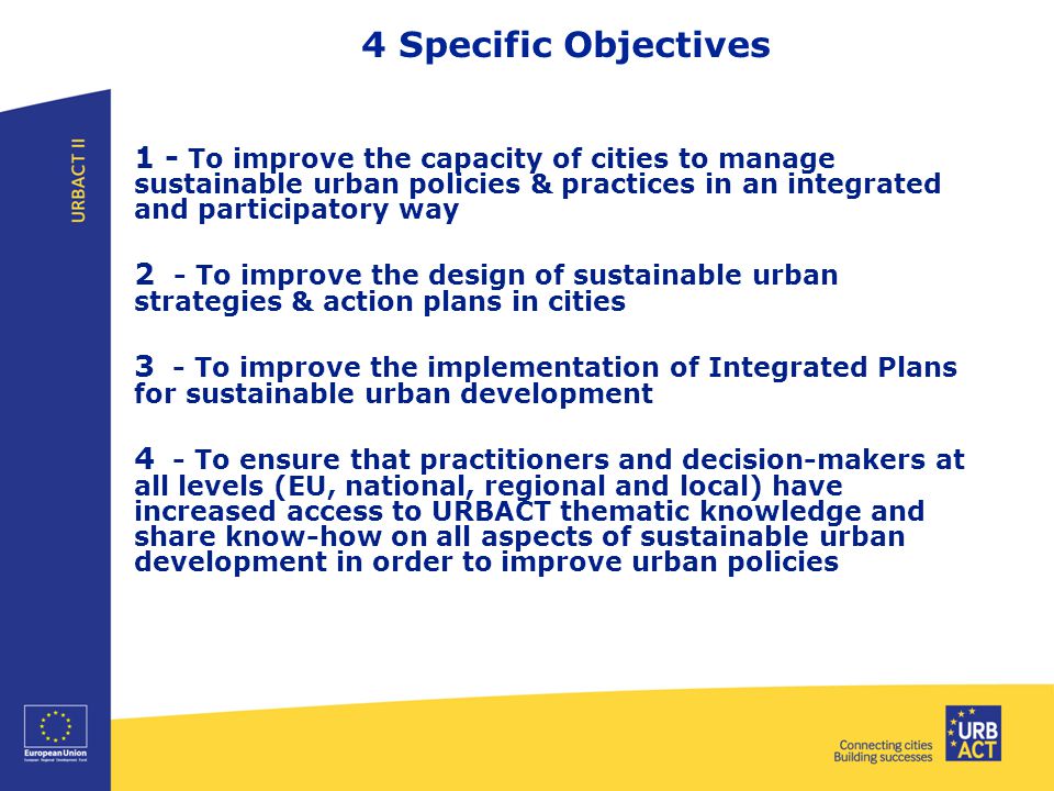 4 Specific Objectives 1 - To improve the capacity of cities to manage sustainable urban policies & practices in an integrated and participatory way 2 - To improve the design of sustainable urban strategies & action plans in cities 3 - To improve the implementation of Integrated Plans for sustainable urban development 4 - To ensure that practitioners and decision-makers at all levels (EU, national, regional and local) have increased access to URBACT thematic knowledge and share know-how on all aspects of sustainable urban development in order to improve urban policies