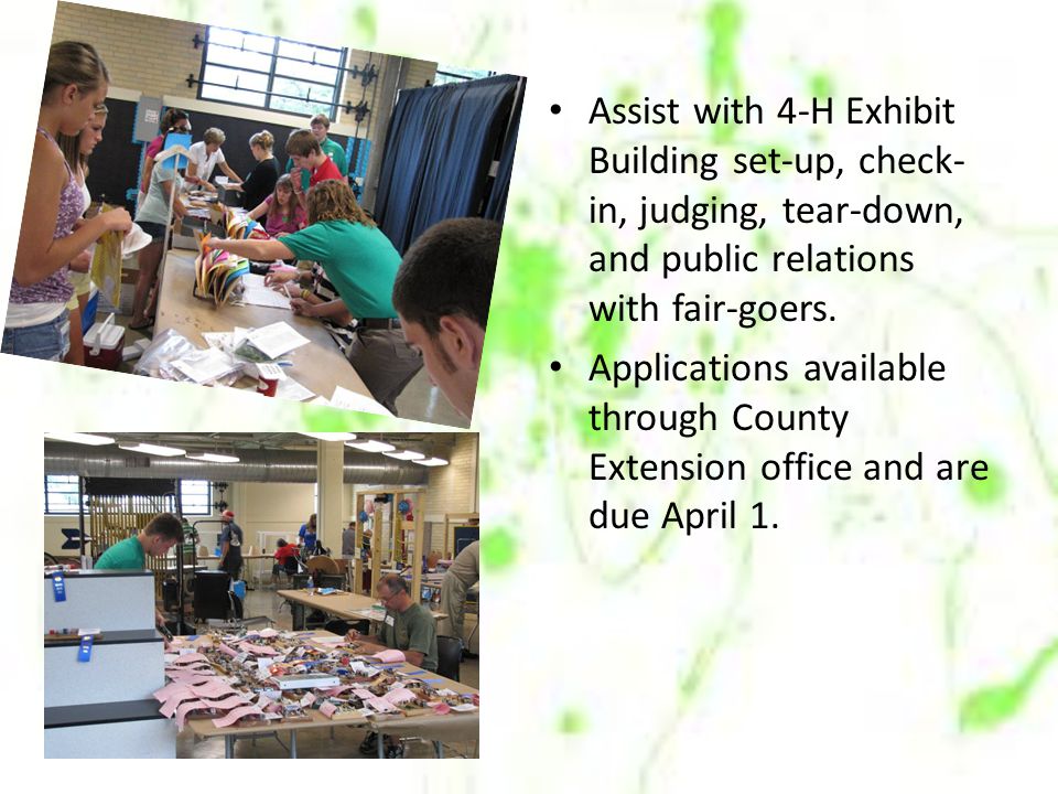 Assist with 4-H Exhibit Building set-up, check- in, judging, tear-down, and public relations with fair-goers.