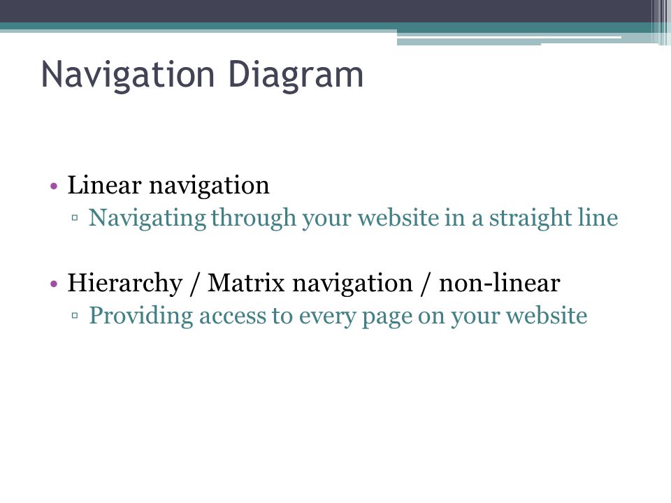 Linear navigation ▫Navigating through your website in a straight line Hierarchy / Matrix navigation / non-linear ▫Providing access to every page on your website Navigation Diagram
