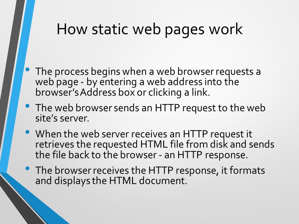 How static web pages work The process begins when a web browser requests a web page - by entering a web address into the browser’s Address box or clicking a link.
