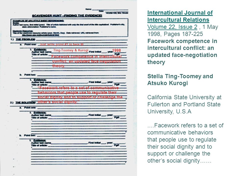 International Journal of Intercultural Relations Volume 22, Issue 2International Journal of Intercultural Relations Volume 22, Issue 2, 1 May 1998, Pages Facework competence in intercultural conflict: an updated face-negotiation theory Stella Ting-Toomey and Atsuko Kurogi California State University at Fullerton and Portland State University, U.S.A....Facework refers to a set of communicative behaviors that people use to regulate their social dignity and to support or challenge the other’s social dignity…… Ting-Toomey & Kurogi 1998 Facework competence in intercultural conflict: an updated face-negotiation theory.