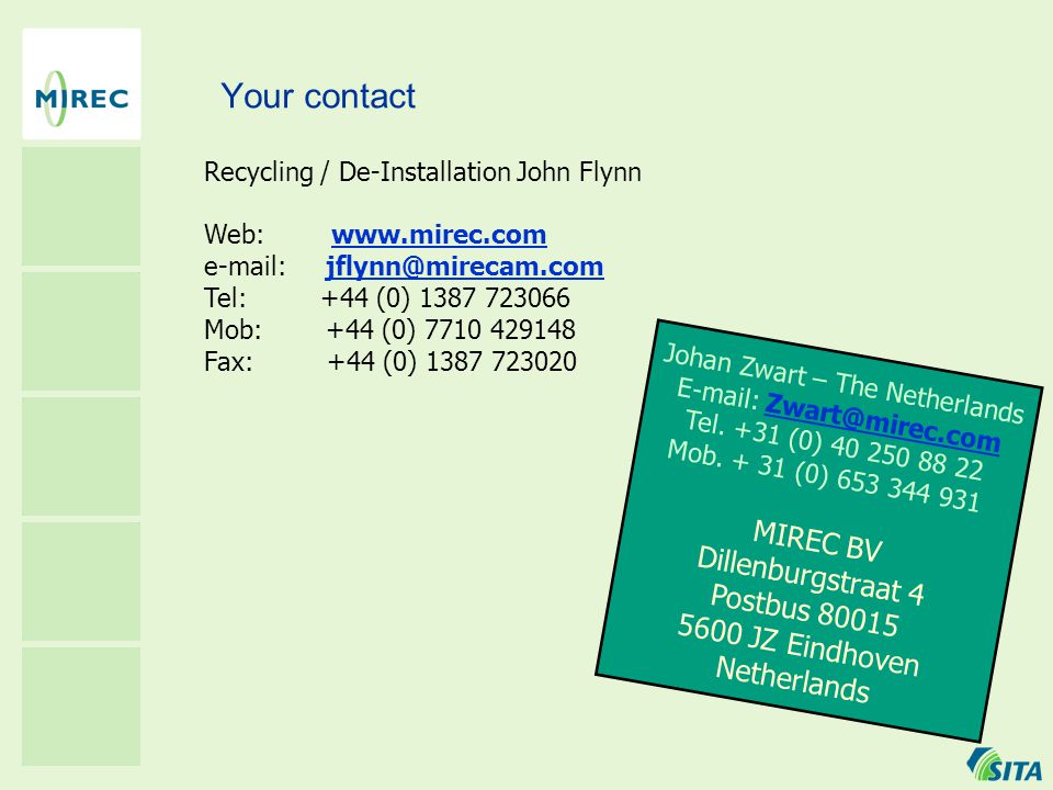 Your contact Recycling / De-Installation John Flynn Web:     Tel: +44 (0) Mob: +44 (0) Fax: +44 (0) Johan Zwart – The Netherlands   Tel.