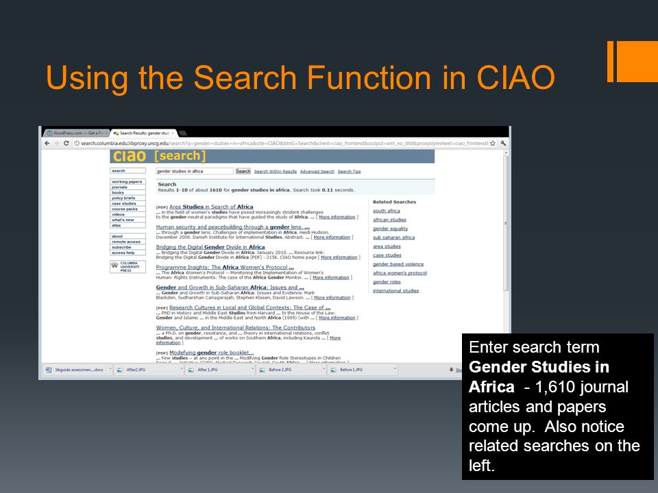 Using the Search Function in CIAO Enter search term Gender Studies in Africa - 1,610 journal articles and papers come up.