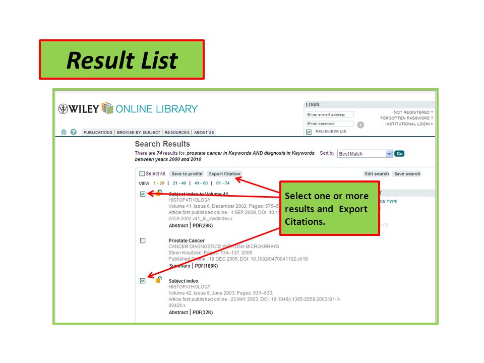 Result List Select one or more results and Export Citations.