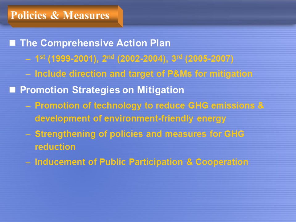 Policies & Measures The Comprehensive Action Plan –1 st ( ), 2 nd ( ), 3 rd ( ) –Include direction and target of P&Ms for mitigation Promotion Strategies on Mitigation –Promotion of technology to reduce GHG emissions & development of environment-friendly energy –Strengthening of policies and measures for GHG reduction –Inducement of Public Participation & Cooperation