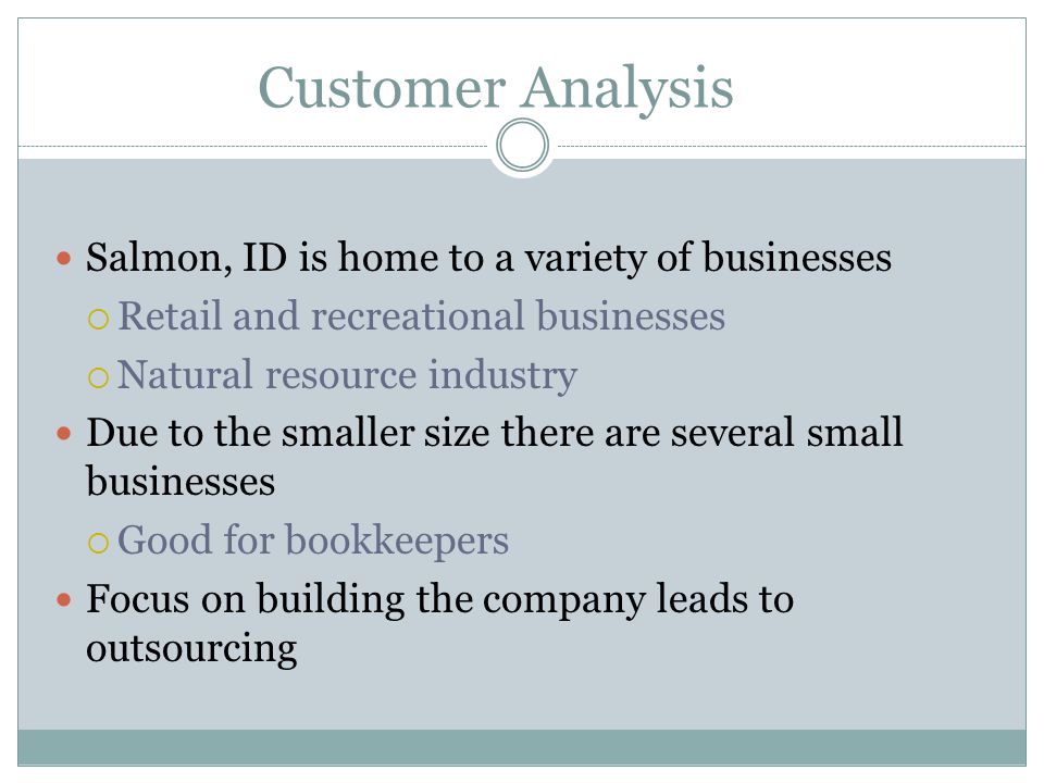Customer Analysis Salmon, ID is home to a variety of businesses  Retail and recreational businesses  Natural resource industry Due to the smaller size there are several small businesses  Good for bookkeepers Focus on building the company leads to outsourcing