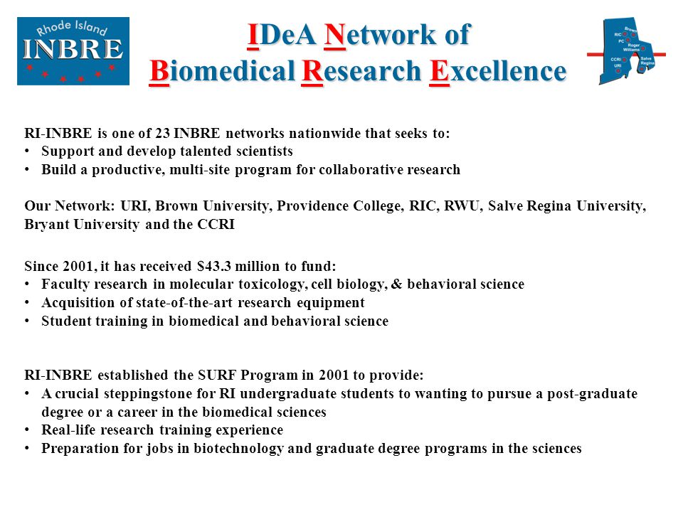 IDeA Network of Biomedical Research Excellence RI-INBRE is one of 23 INBRE networks nationwide that seeks to: Support and develop talented scientists Build a productive, multi-site program for collaborative research Our Network: URI, Brown University, Providence College, RIC, RWU, Salve Regina University, Bryant University and the CCRI Since 2001, it has received $43.3 million to fund: Faculty research in molecular toxicology, cell biology, & behavioral science Acquisition of state-of-the-art research equipment Student training in biomedical and behavioral science RI-INBRE established the SURF Program in 2001 to provide: A crucial steppingstone for RI undergraduate students to wanting to pursue a post-graduate degree or a career in the biomedical sciences Real-life research training experience Preparation for jobs in biotechnology and graduate degree programs in the sciences