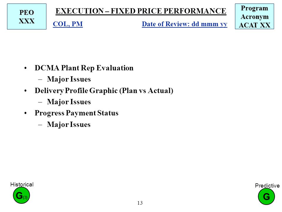 13 EXECUTION – FIXED PRICE PERFORMANCE DCMA Plant Rep Evaluation –Major Issues Delivery Profile Graphic (Plan vs Actual) –Major Issues Progress Payment Status –Major Issues Date of Review: dd mmm yy COL, PM PEO XXX Program Acronym ACAT XX G Predictive G (3) Historical