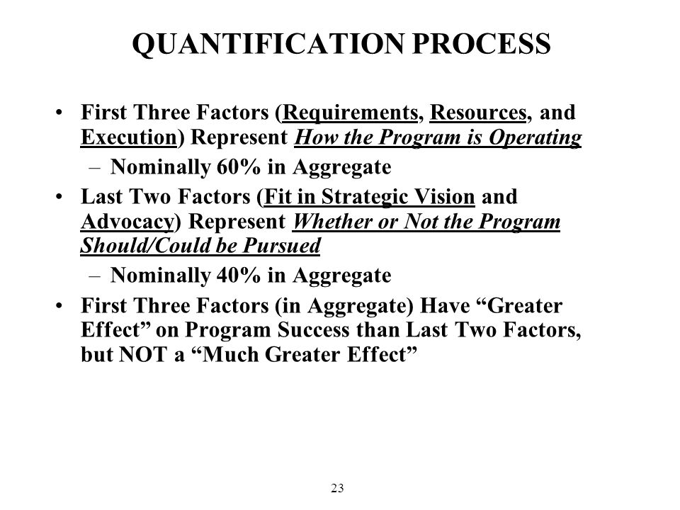23 QUANTIFICATION PROCESS First Three Factors (Requirements, Resources, and Execution) Represent How the Program is Operating –Nominally 60% in Aggregate Last Two Factors (Fit in Strategic Vision and Advocacy) Represent Whether or Not the Program Should/Could be Pursued –Nominally 40% in Aggregate First Three Factors (in Aggregate) Have Greater Effect on Program Success than Last Two Factors, but NOT a Much Greater Effect
