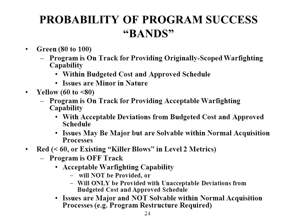 24 PROBABILITY OF PROGRAM SUCCESS BANDS Green (80 to 100) –Program is On Track for Providing Originally-Scoped Warfighting Capability Within Budgeted Cost and Approved Schedule Issues are Minor in Nature Yellow (60 to <80) –Program is On Track for Providing Acceptable Warfighting Capability With Acceptable Deviations from Budgeted Cost and Approved Schedule Issues May Be Major but are Solvable within Normal Acquisition Processes Red (< 60, or Existing Killer Blows in Level 2 Metrics) –Program is OFF Track Acceptable Warfighting Capability – will NOT be Provided, or –Will ONLY be Provided with Unacceptable Deviations from Budgeted Cost and Approved Schedule Issues are Major and NOT Solvable within Normal Acquisition Processes (e.g.