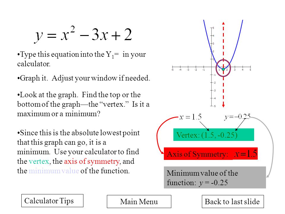 Back to last slideMain Menu Graphing, Max/Min, and Solving By Mrs. Sexton  Calculator Tips. - ppt download