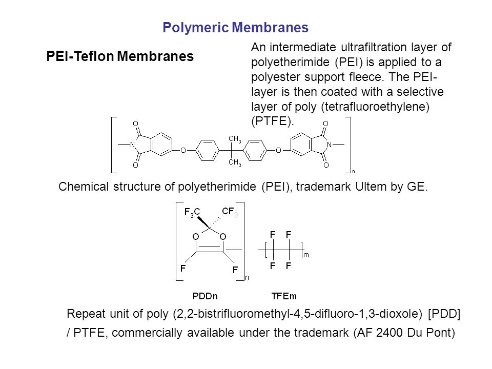 Polymeric Membranes PEI-Teflon Membranes Chemical structure of polyetherimide (PEI), trademark Ultem by GE.