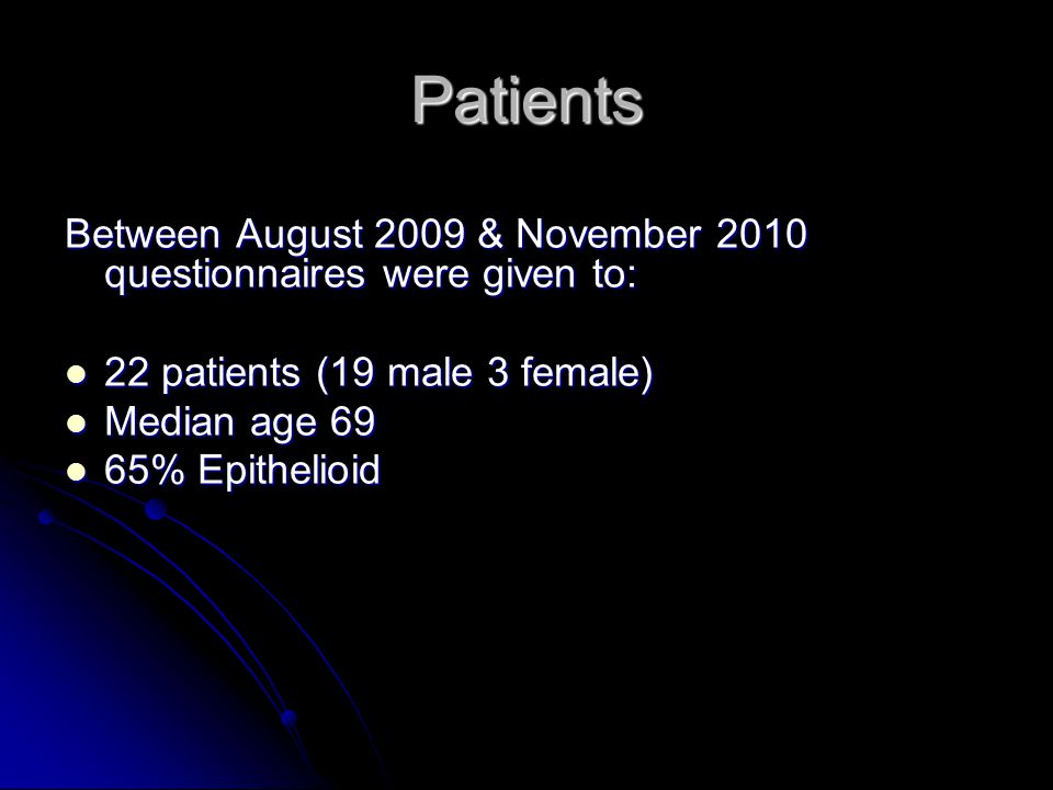 Patients Between August 2009 & November 2010 questionnaires were given to: 22 patients (19 male 3 female) 22 patients (19 male 3 female) Median age 69 Median age 69 65% Epithelioid 65% Epithelioid