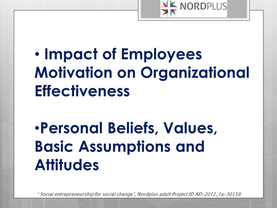 Impact of Employees Motivation on Organizational Effectiveness Personal Beliefs, Values, Basic Assumptions and Attitudes Social entrepreneurship for social change , Nordplus adult Project ID AD-2012_1a-30159