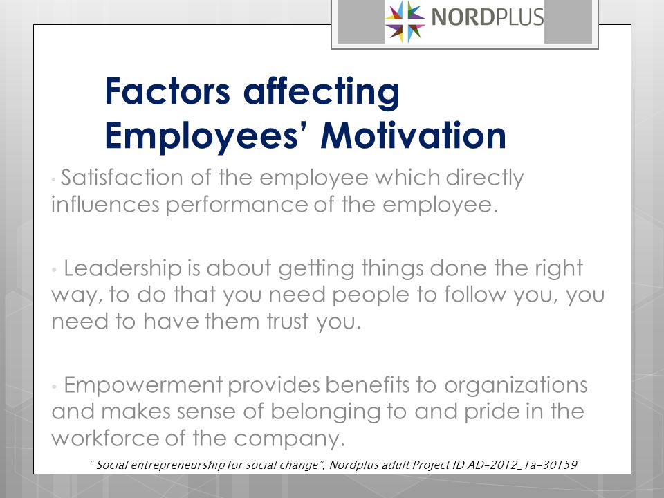 Factors affecting Employees’ Motivation Satisfaction of the employee which directly influences performance of the employee.