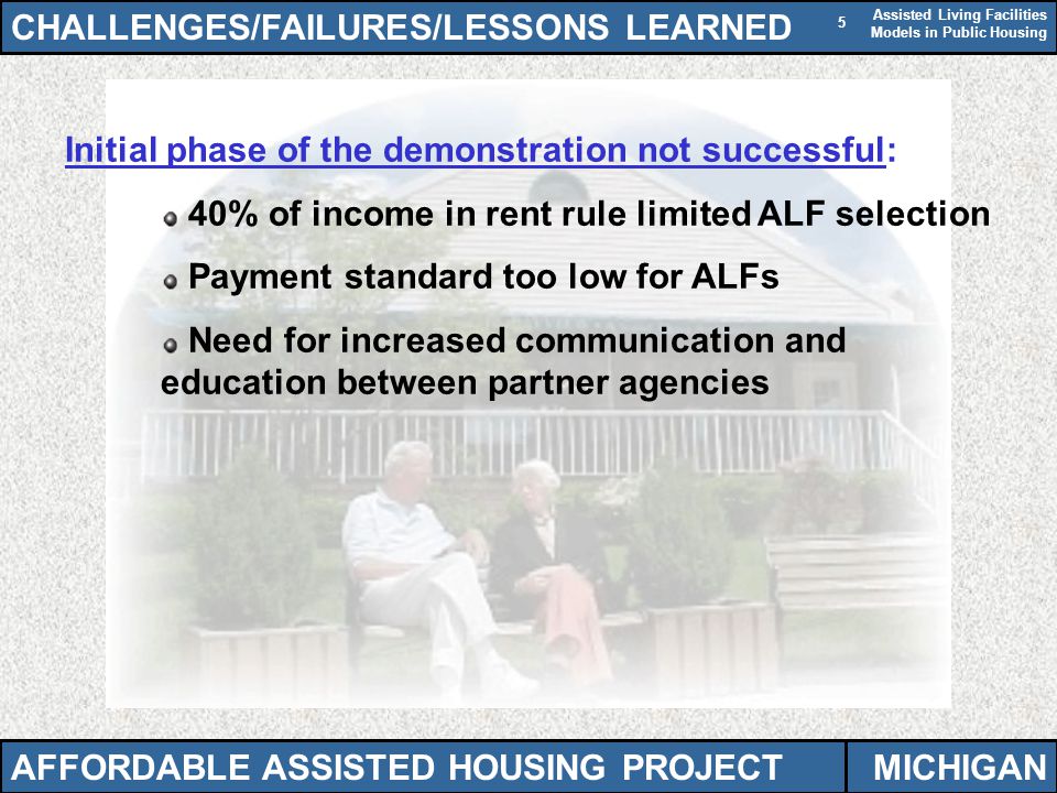 Assisted Living Facilities Models in Public Housing 5 Initial phase of the demonstration not successful: 40% of income in rent rule limited ALF selection Payment standard too low for ALFs Need for increased communication and education between partner agencies CHALLENGES/FAILURES/LESSONS LEARNED AFFORDABLE ASSISTED HOUSING PROJECTMICHIGAN