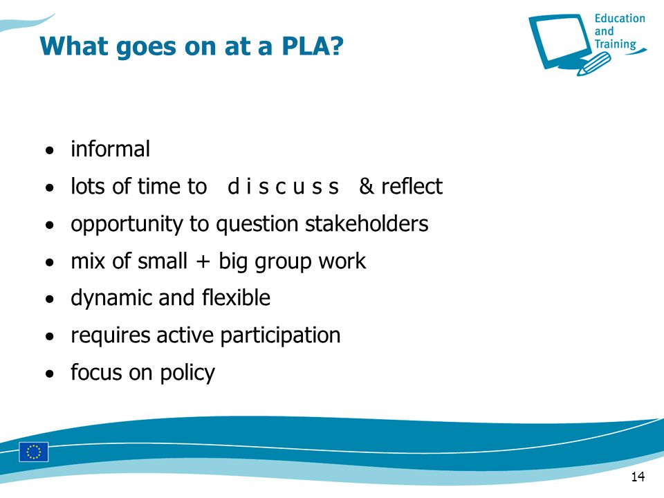 14  informal  lots of time to d i s c u s s & reflect  opportunity to question stakeholders  mix of small + big group work  dynamic and flexible  requires active participation  focus on policy What goes on at a PLA