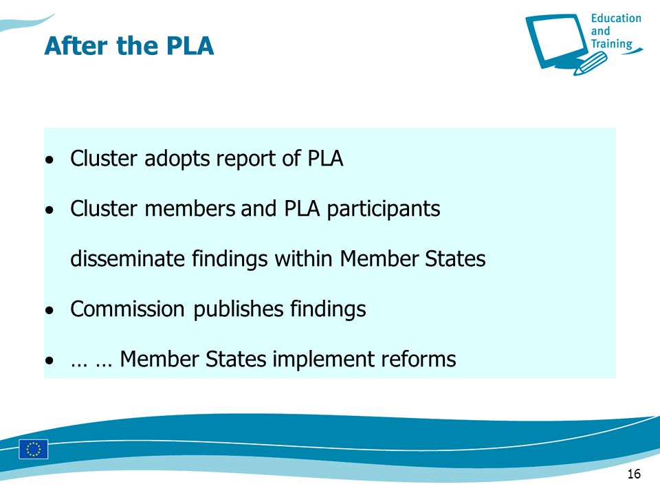16  Cluster adopts report of PLA  Cluster members and PLA participants disseminate findings within Member States  Commission publishes findings  … … Member States implement reforms After the PLA