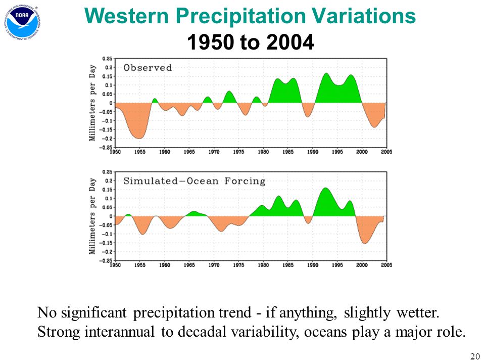 20 Western Precipitation Variations 1950 to 2004 No significant precipitation trend - if anything, slightly wetter.